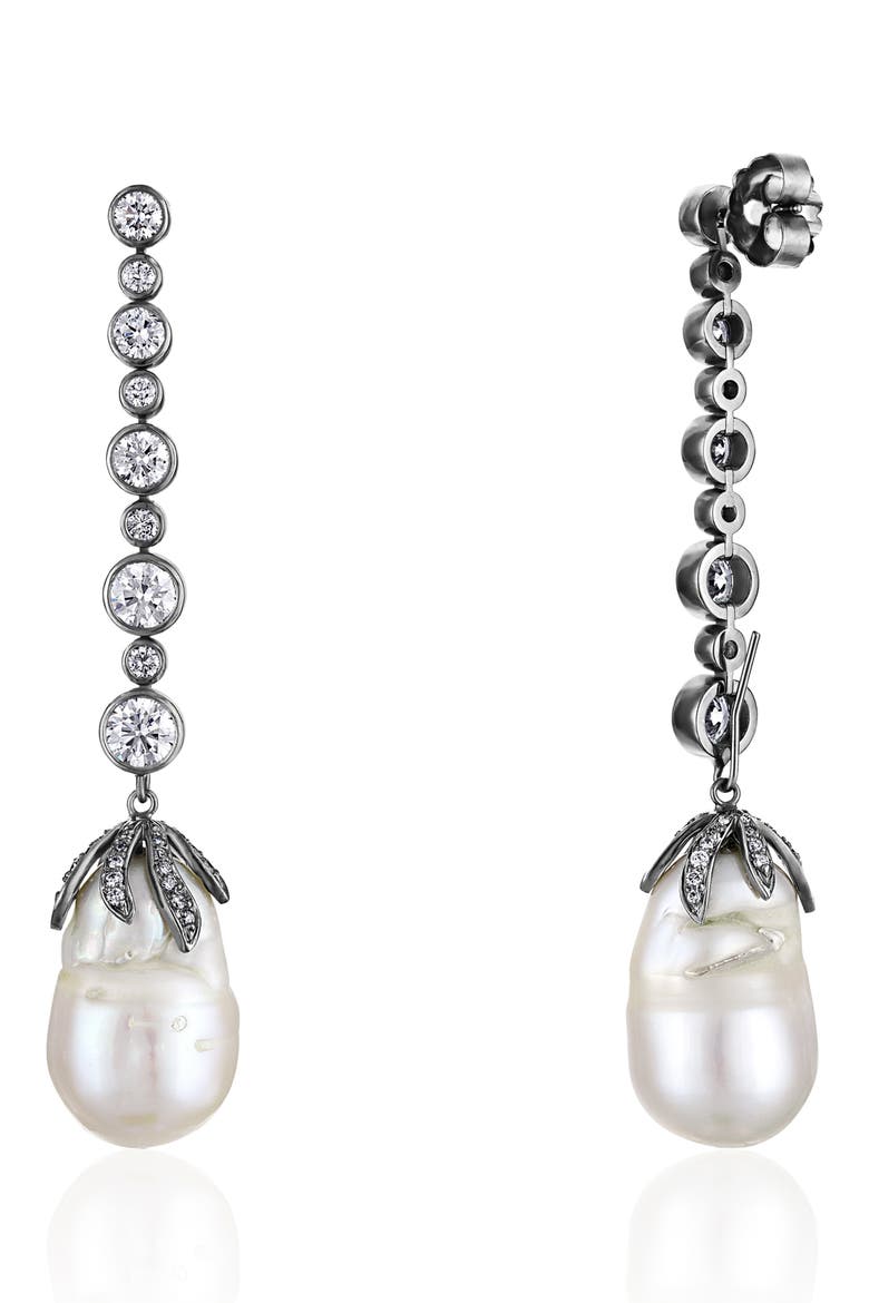 Freshwater Pearl & Diamond Claw Drop Earrings, Alternate, color, 18K DARK RHODIUM