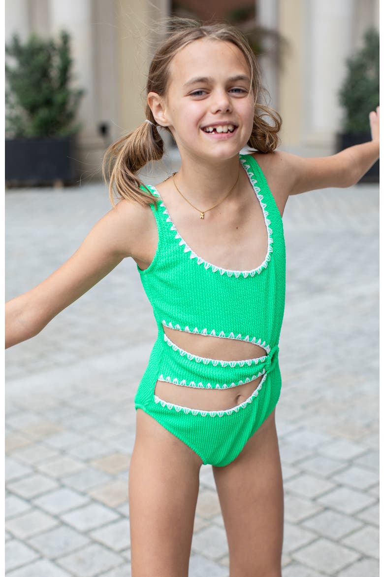 Textured Cutout Embroidery Edging with Ring-Detail One-Piece Swimsuit, Alternate, color, Green