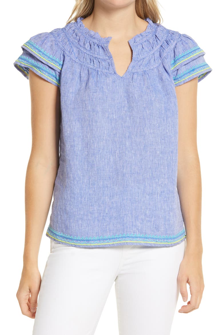Cross Dyed Embroidered Linen Top, Main, color, MARLIN