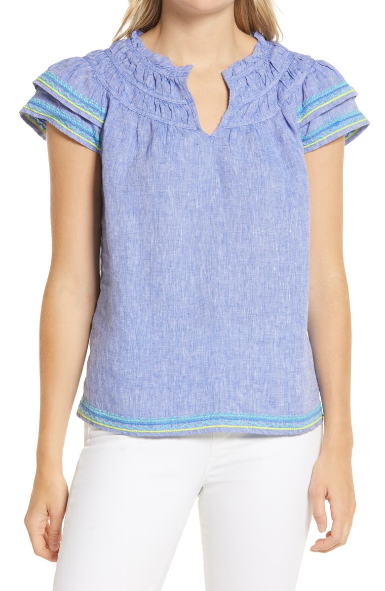 vineyard vines Cross Dyed Embroidered Linen Top, Main, color,