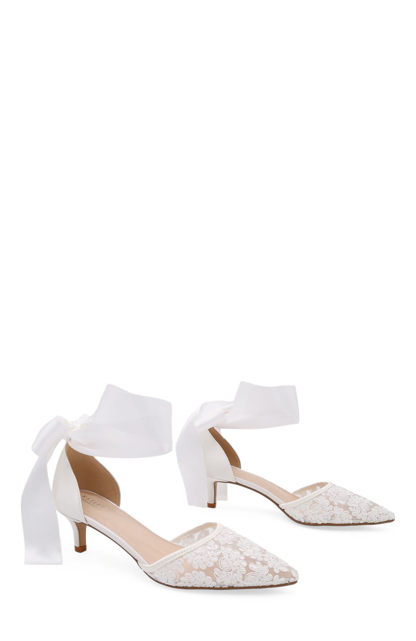 Claudia Crochet Lace Kitten Heel with Satin Wrapped Tie, Alternate, color, White