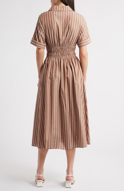 En Saison Stripe Cotton Midi Shirtdress In Brown