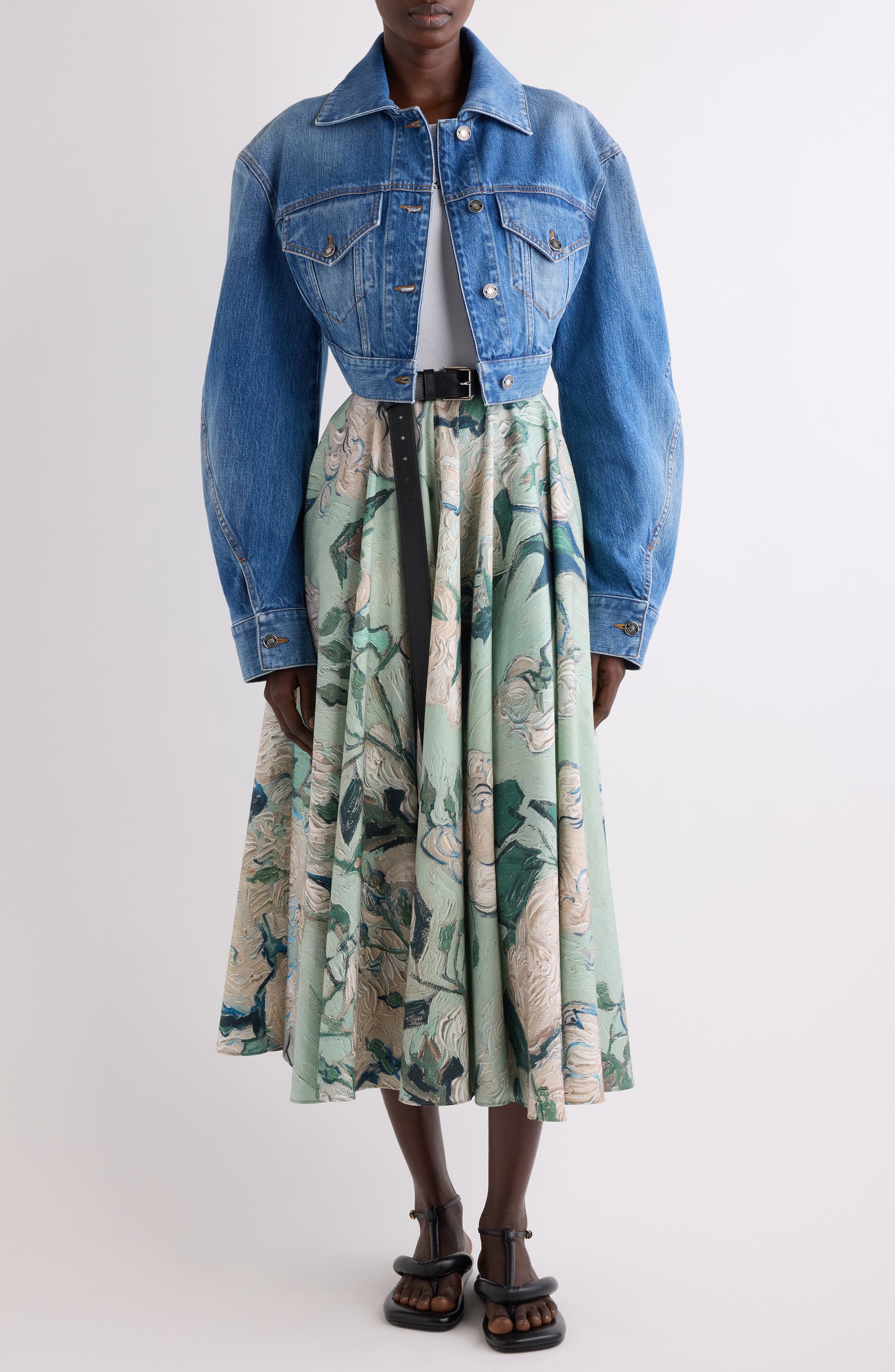 Rose Jacquard Gathered Cotton A-Line Midi Skirt - image 2