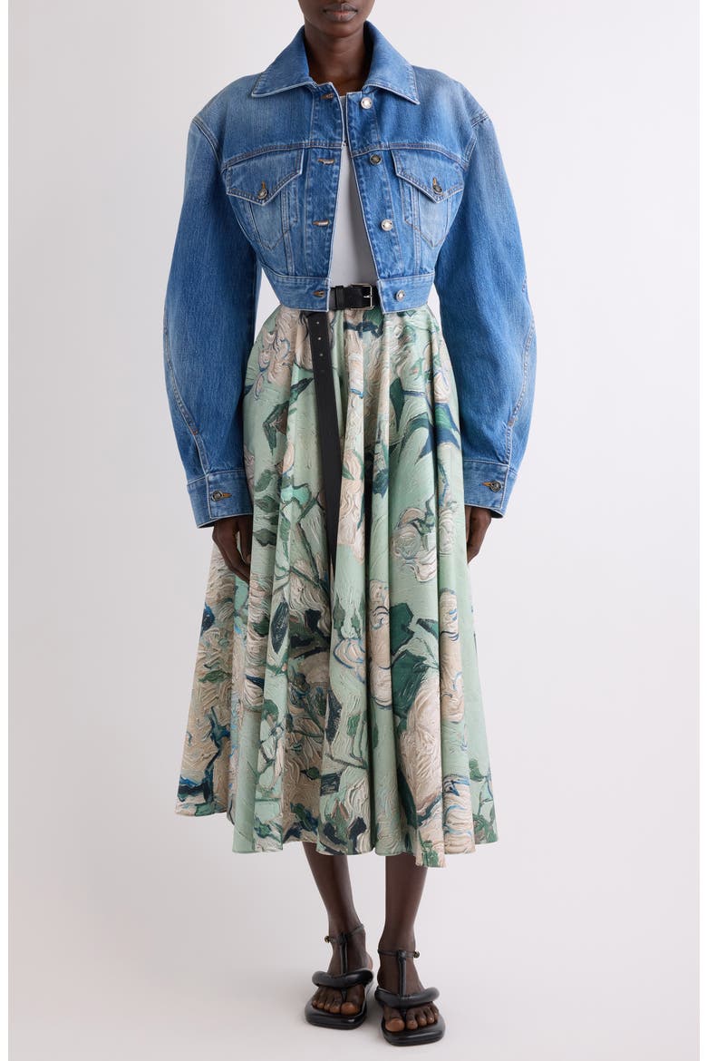 Rose Jacquard Gathered Cotton A-Line Midi Skirt, Alternate, color, MINT GREEN