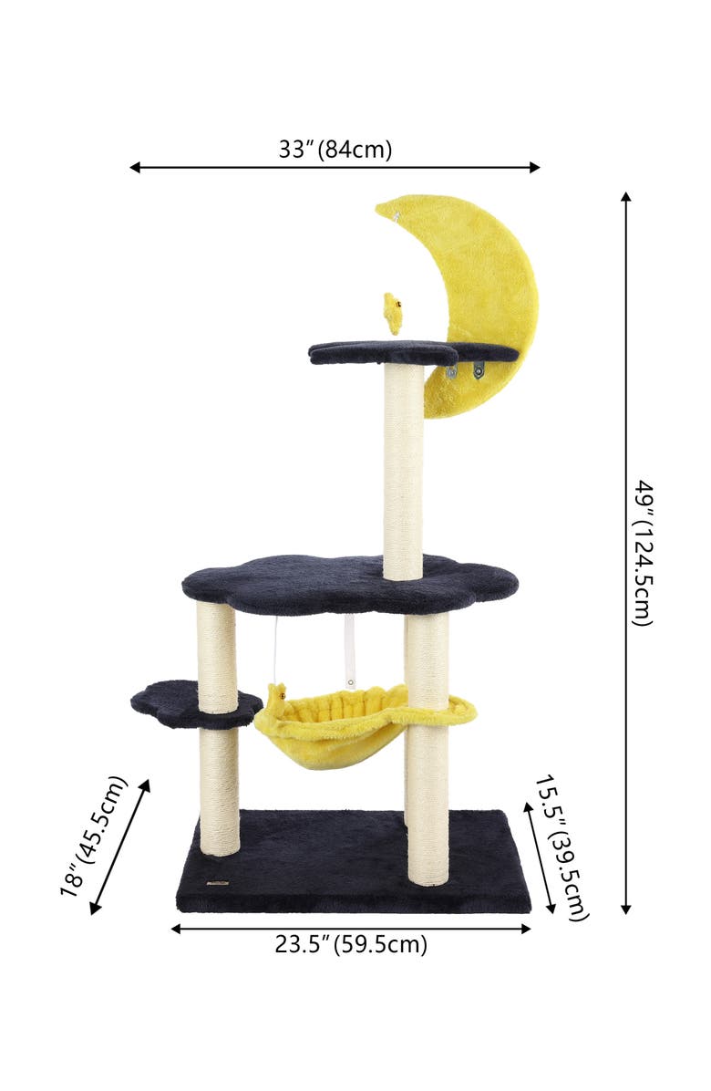 The Licker Store Aurora 49" 3-Tier Modern Sisal Moon And Stars Cat Tree with Scratching Posts, Alternate, color, Navy/Yellow/White