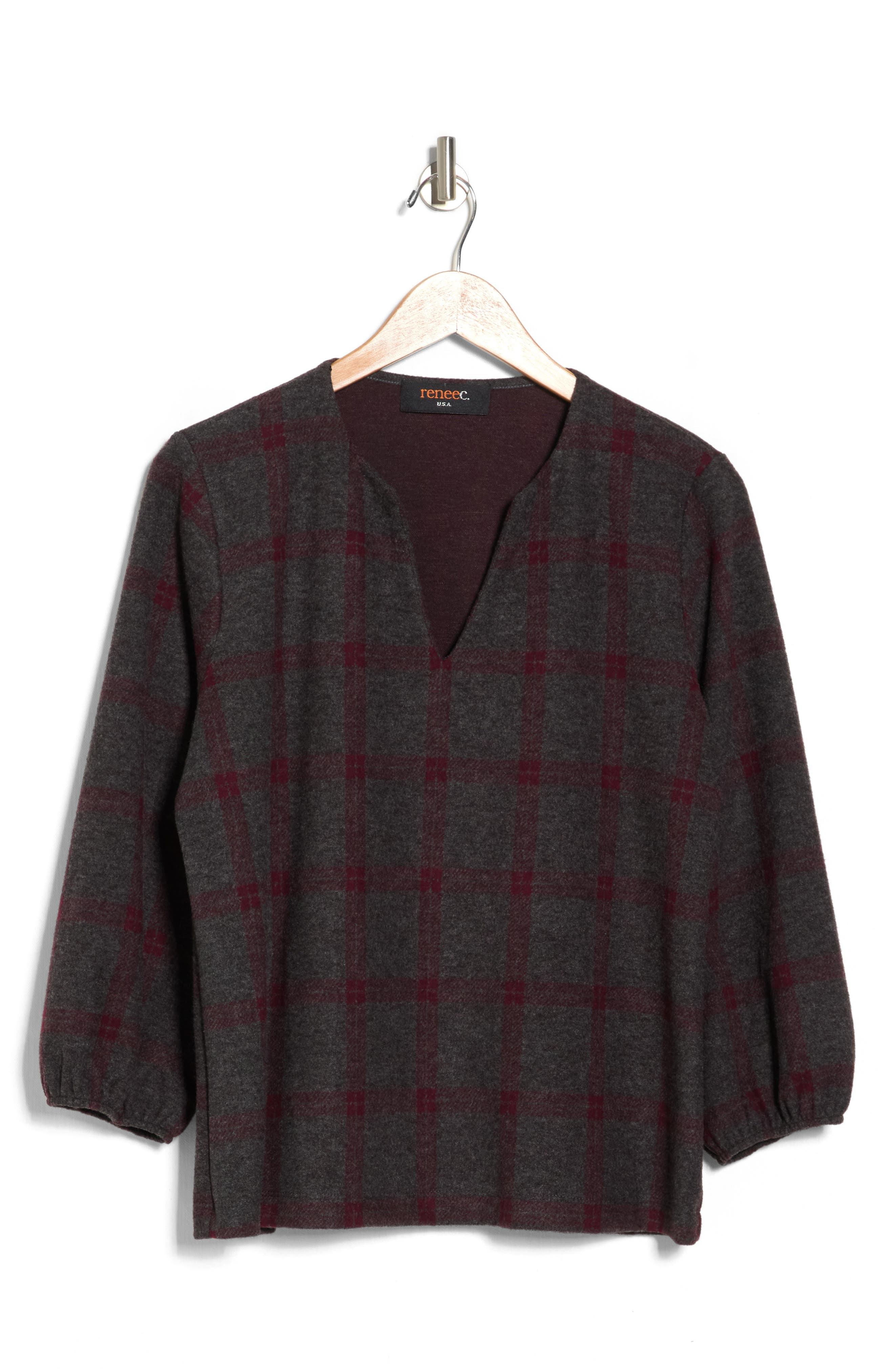 Renee C Plaid V-Neck Three-Quarter Sleeve Knit Top