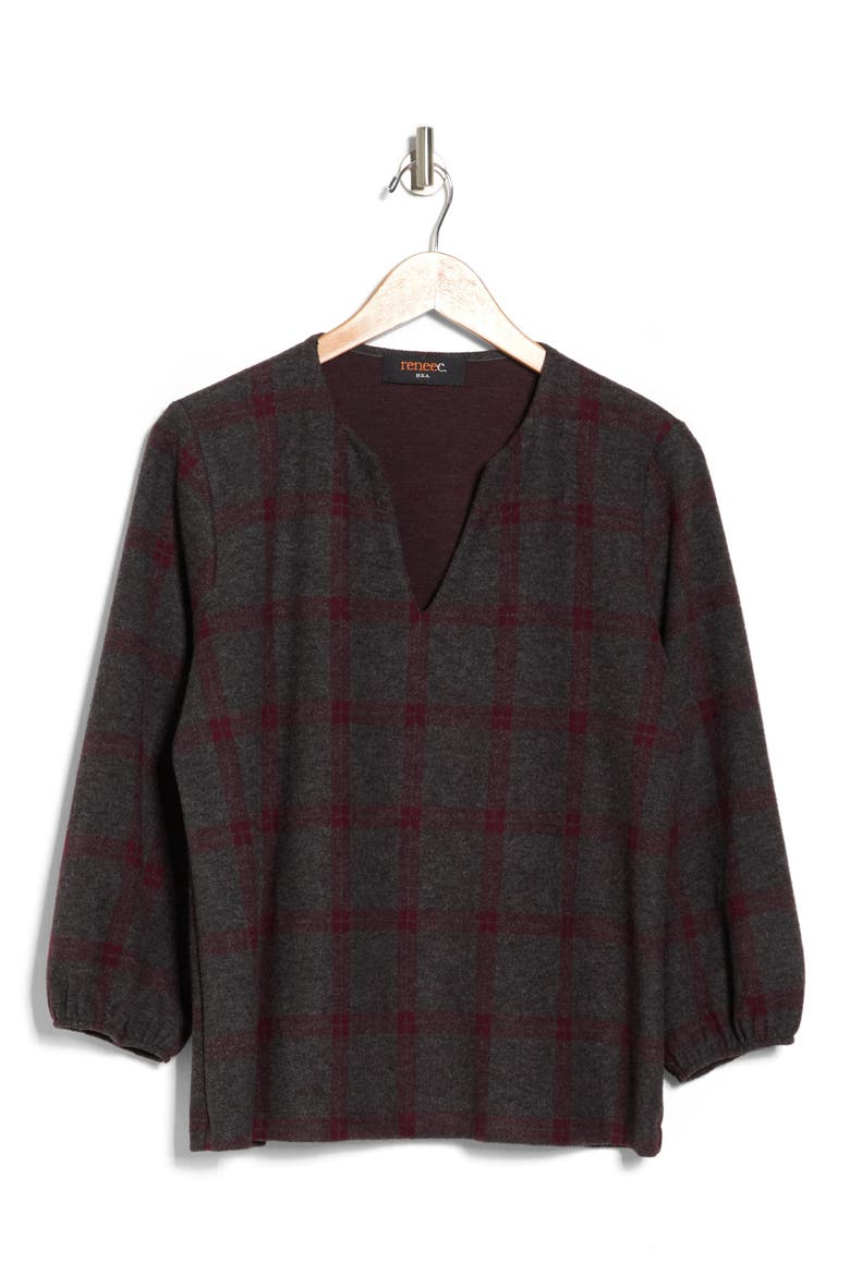 Plaid V-Neck Three-Quarter Sleeve Knit Top, Main, color, CHARCOAL