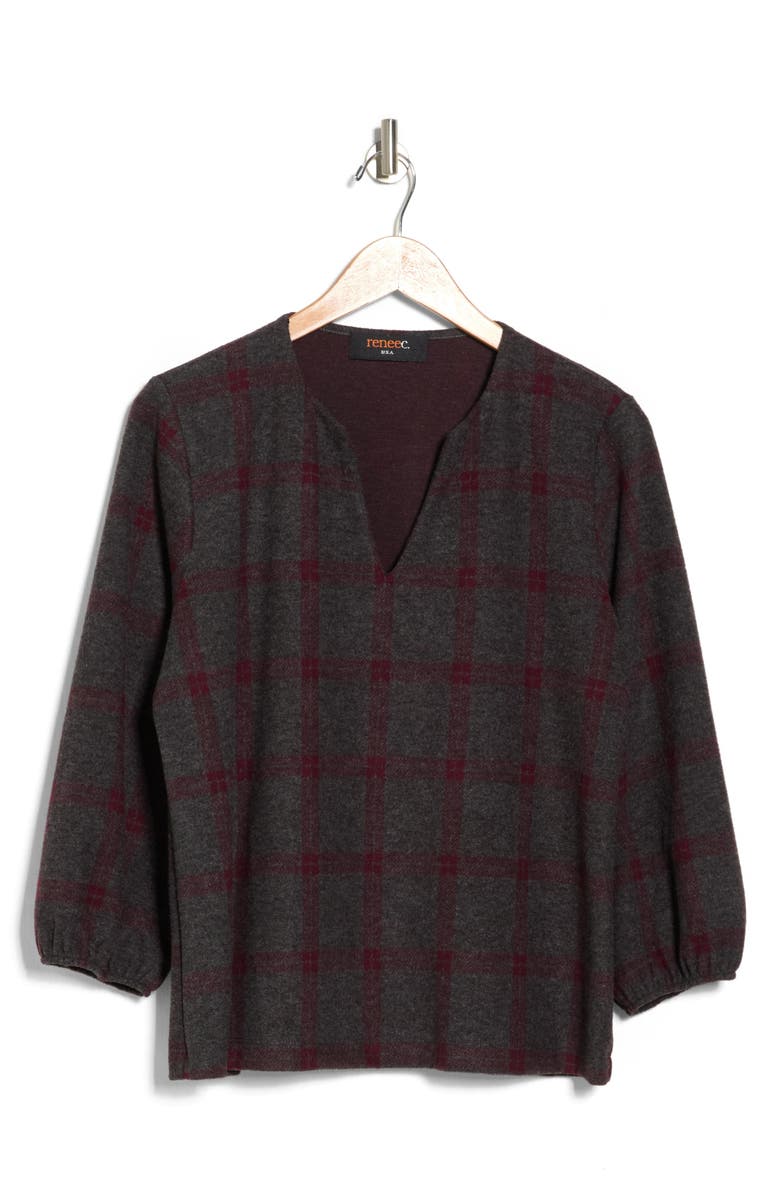 Renee C Plaid V-Neck Three-Quarter Sleeve Knit Top, Main, color, Charcoal