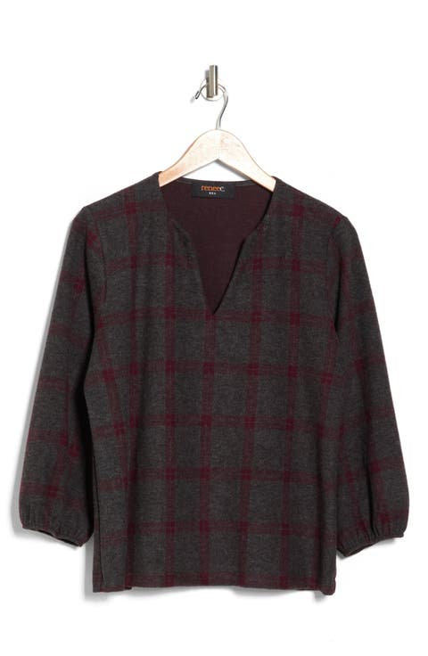 Plaid V-Neck Three-Quarter Sleeve Knit Top