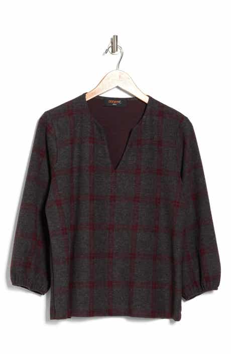 Renee C Plaid V-Neck Three-Quarter Sleeve Knit Top