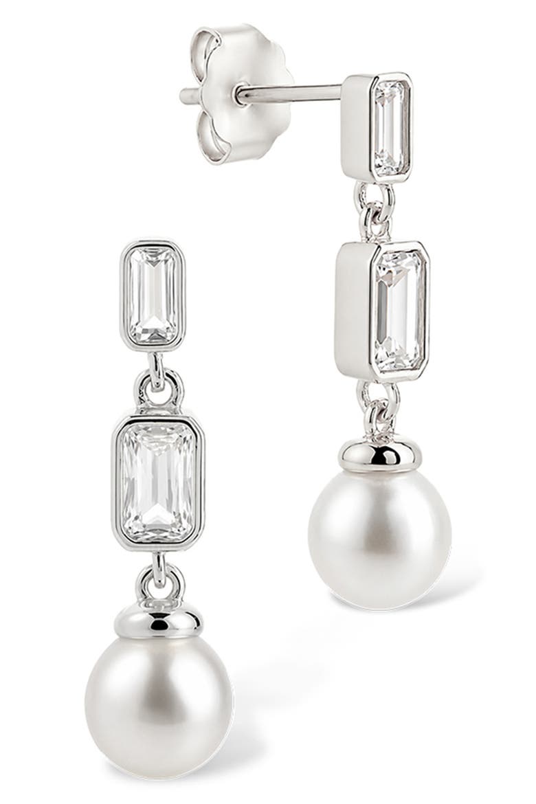 Hope Baguette Cultured Pearl Drop Earrings, Main, color, SILVER