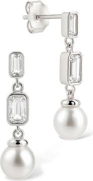 Sterling Forever Hope Baguette Cultured Pearl Drop Earrings