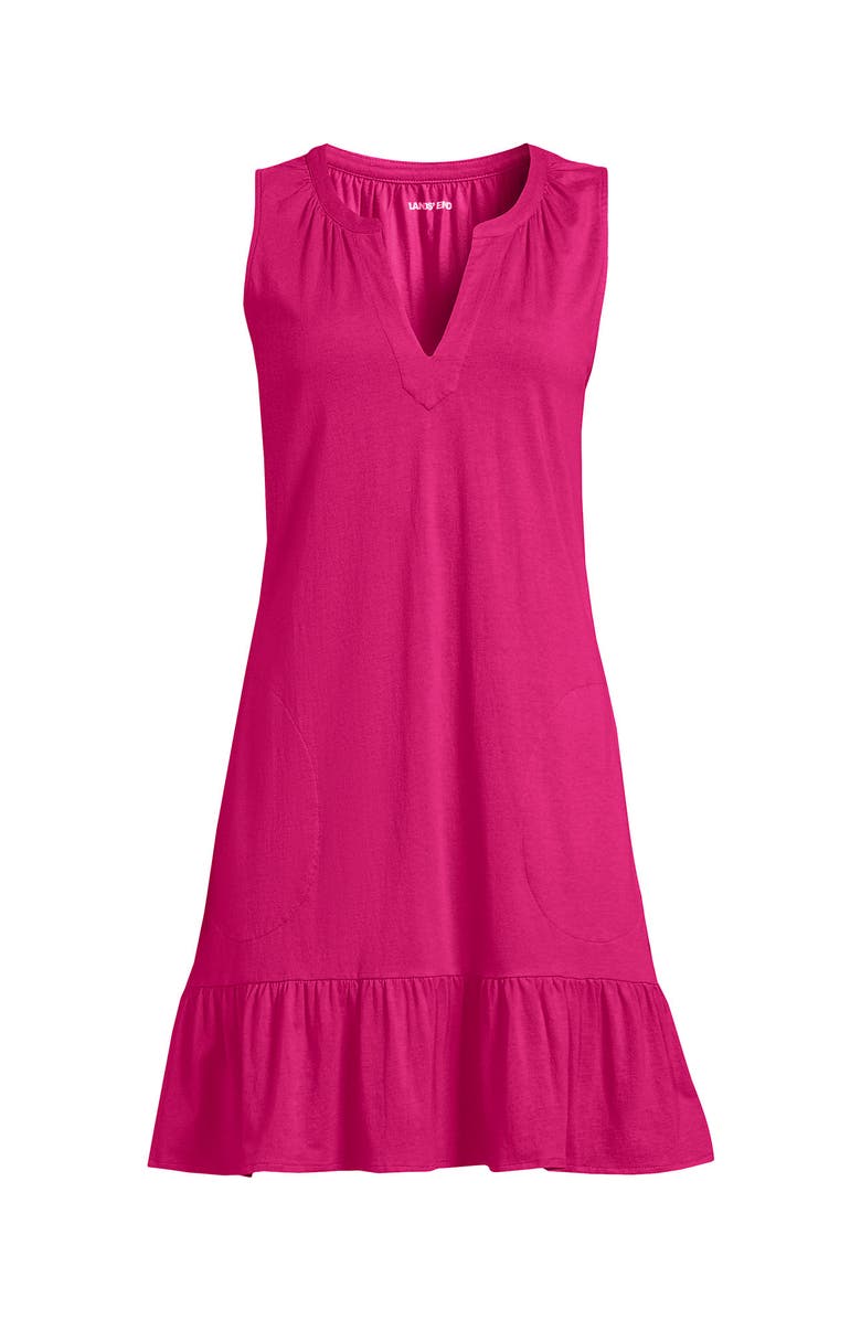 Lands' End Plus Size Sleeveless Cotton Jersey Notch Neck Flounce Dress, Alternate, color, Cherry Fuchsia