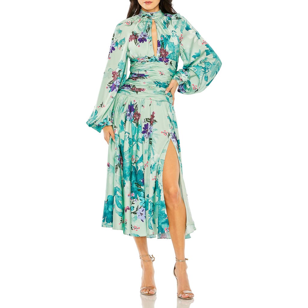 Mac Duggal Floral Print Satin Long Sleeve Keyhole Gown In Sage Multi