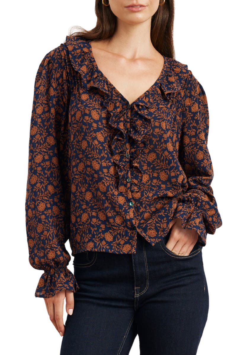 Paneros Clothing Long Sleeve Chloe Ruffle Shirt, Main, color, Navy Batik
