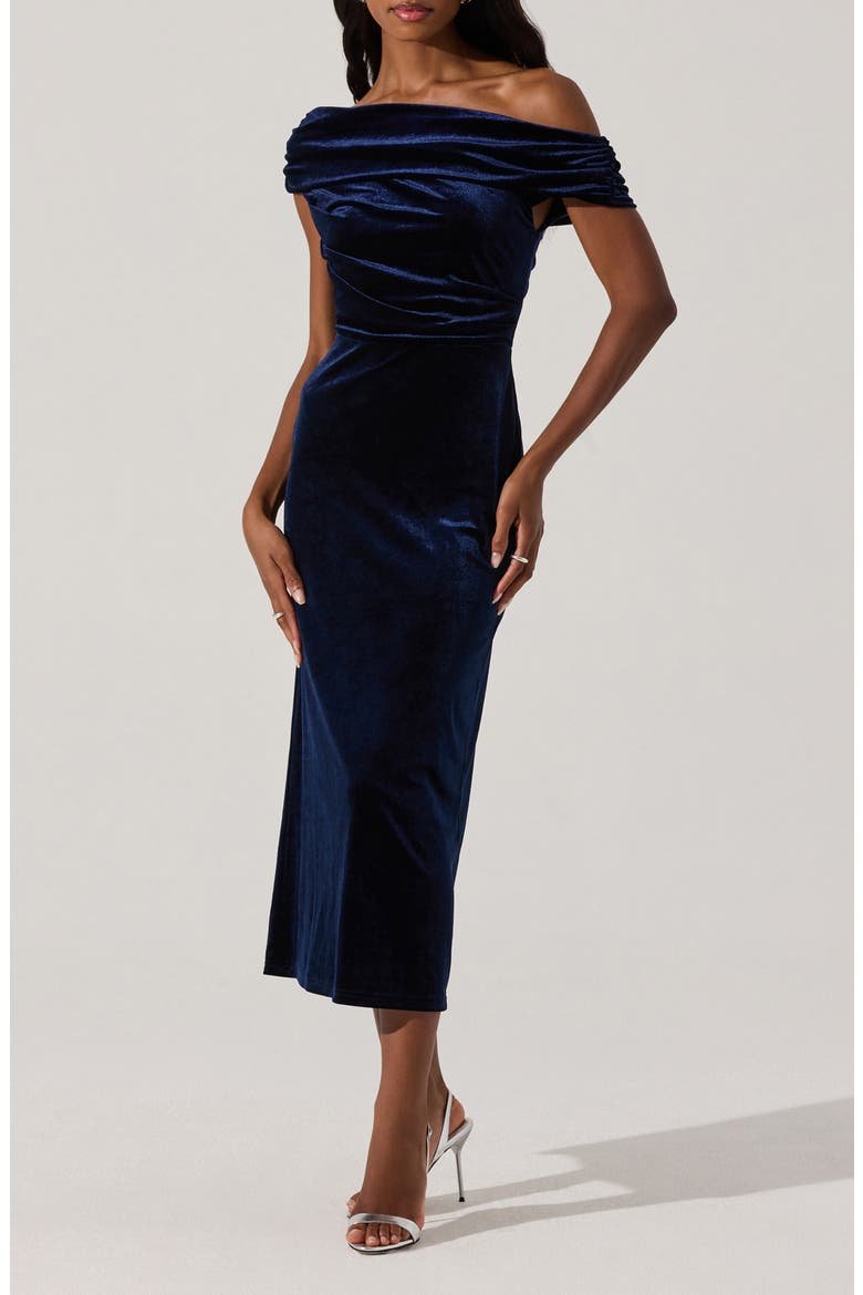 One-Shoulder Velvet Midi Dress, Alternate, color, MIDNIGHT