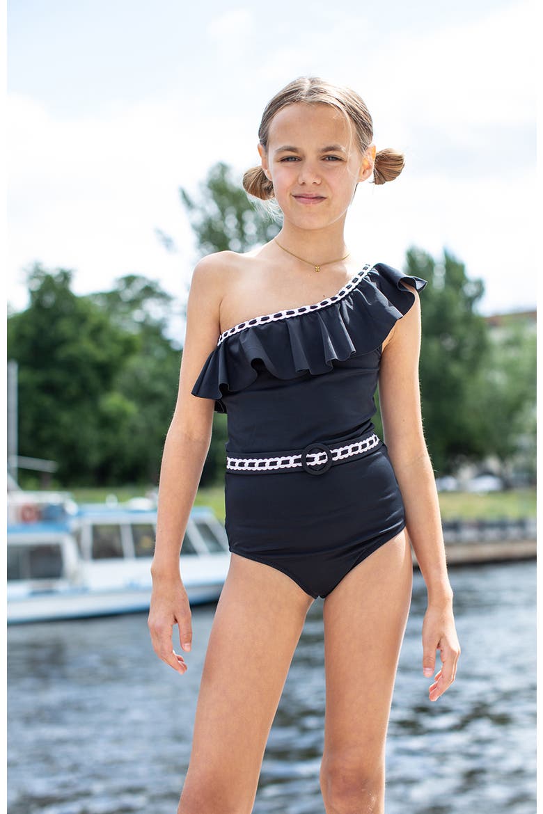 One Shoulder Ruffle Decorative Embroidery Accents One-Piece Swimsuit, Alternate, color, Black