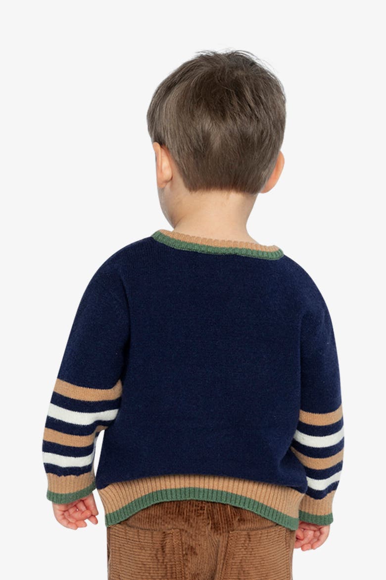 Dino Intarsia Striped Ribbed Cuffs Knit Sweater, Alternate, color, Dark Blue, Brown and Beige