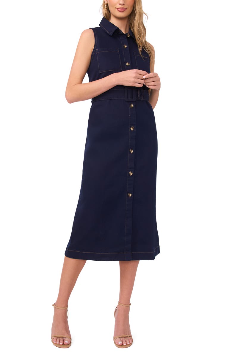 Vince Camuto Belted Sleeveless Midi Shirtdress, Main, color, Classic Navy