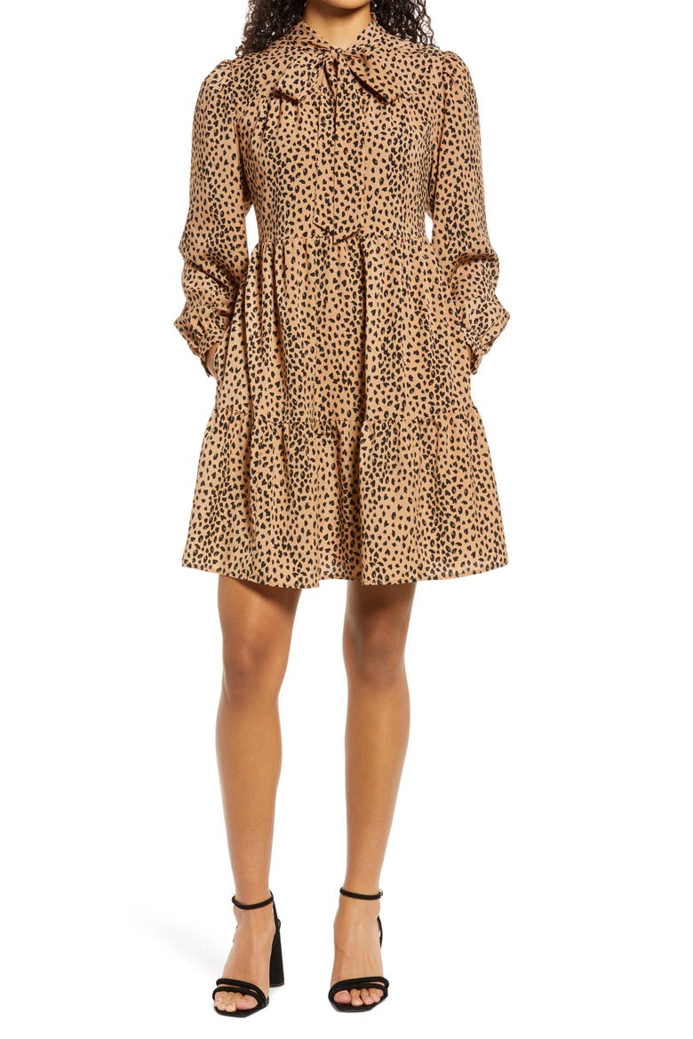 Tie Neck Tiered Long Sleeve Dress, Main, color, TAN SAFARI ANIMAL PRINT