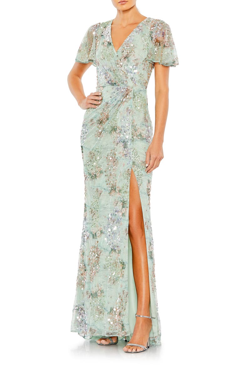 Embellished Butterfly Sleeve Faux Wrap Gown, Main, color, SEAMIST