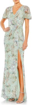 Mac Duggal Embellished Butterfly Sleeve Faux Wrap Gown