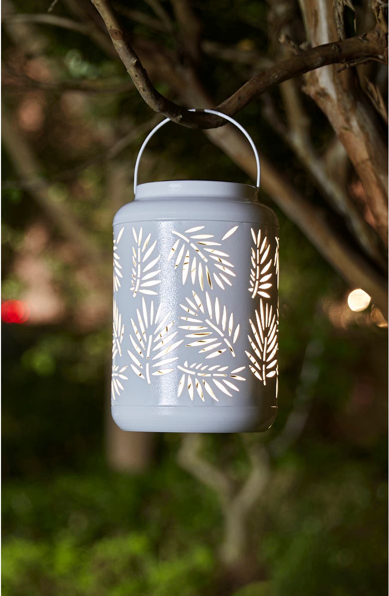 Glitzhome Metal Cutout Leaf Solar Powered Outdoor Hanging Lantern with LED Light, Alternate, color, White