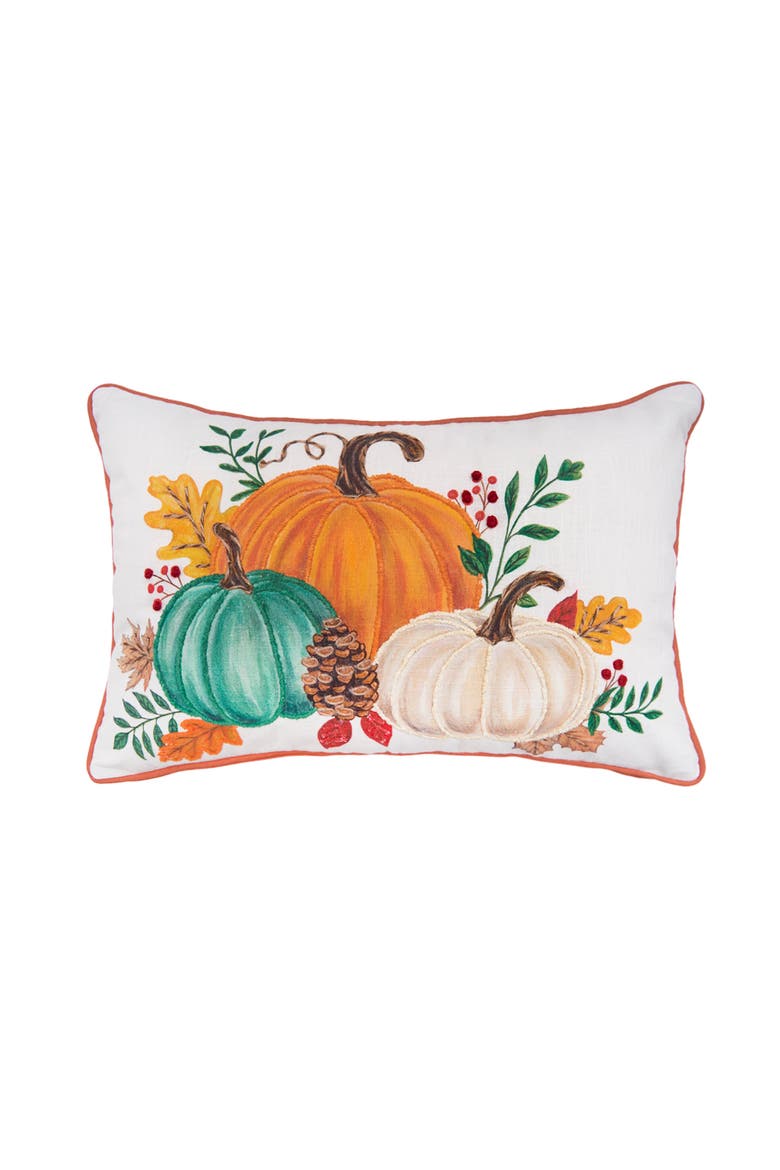 Trio Harvest Pumpkins Cotton Blend Mini Accent Pillow 14" x 22", Main, color, Green
