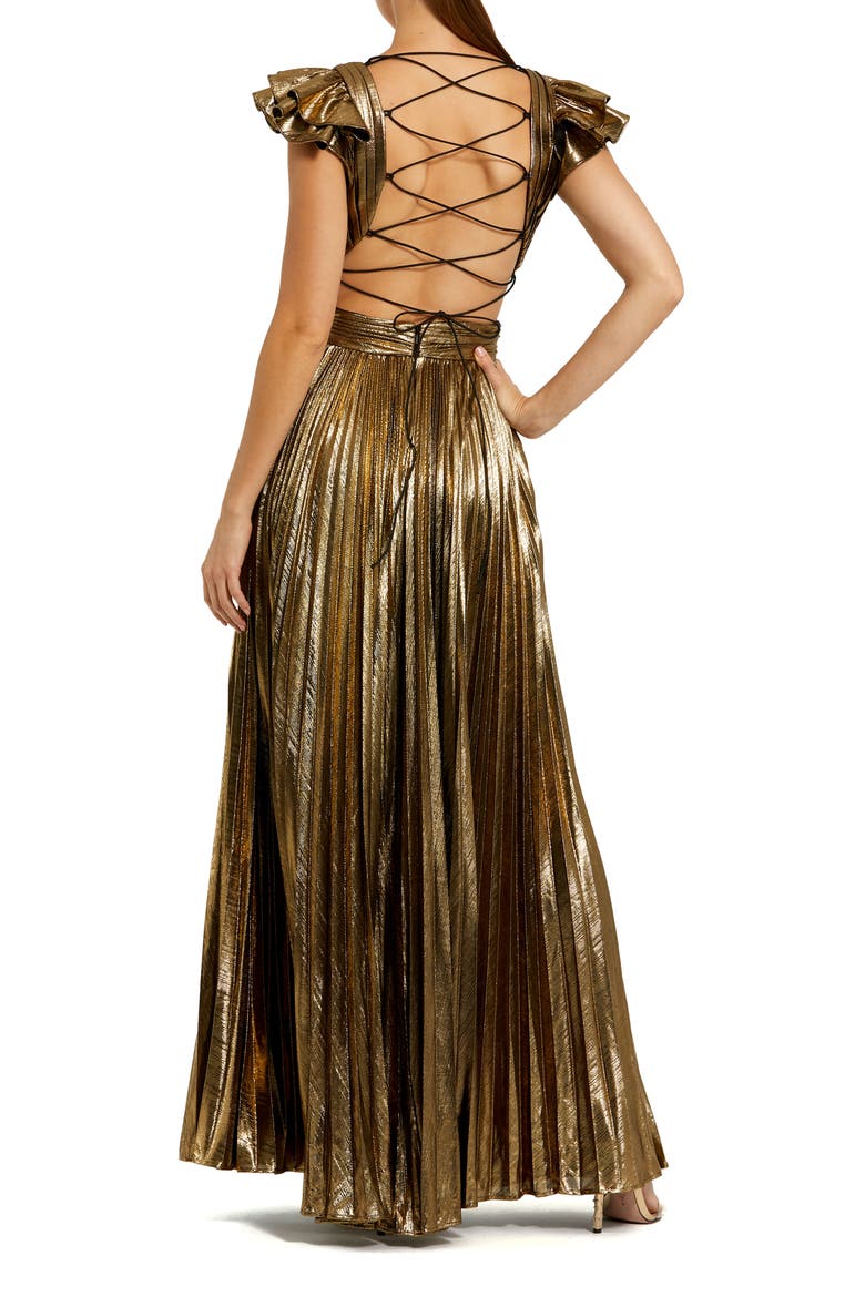 Pleated Metallic Gown with Ruffle Sleeves and Waist Cutout, Alternate, color, ANTIQUE GOLD