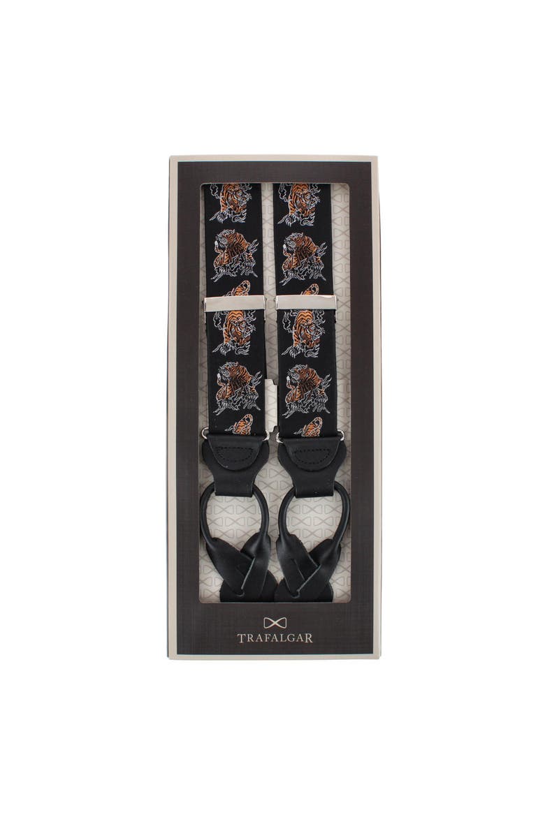Bengali Crouching Tiger Silk Novelty Button End Suspenders, Alternate, color, Black