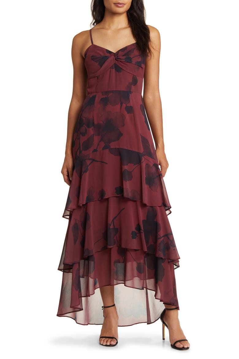 Kennedi Floral Print Tiered Maxi Dress, Main, color, WINE WATERCOLOR FLORAL