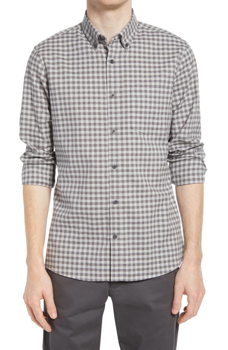 Nordstrom Trim Fit Gingham Linen & Cotton Button-Down Shirt, Main, color, 