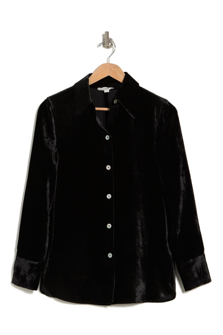 Shaped Collar Velvet Button-Up Shirt, Alternate, color, BLACK