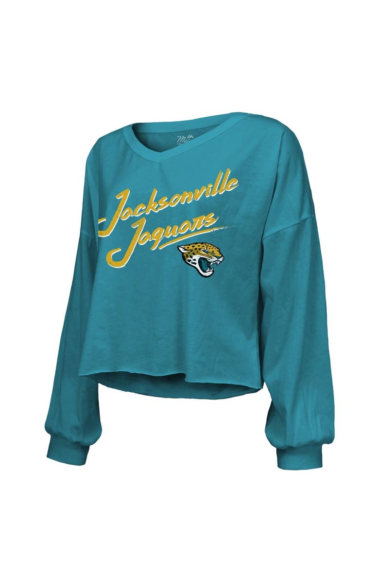 Majestic Threads Women's Majestic Threads Travis Hunter Teal Jacksonville Jaguars 2025 NFL Draft First Round Pick Off-Shoulder Script Name & Number V-Neck T-Shirt, Alternate, color, Teal