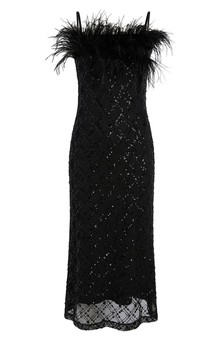 LIKELY Lucca Sequin Faux Feather Trim Midi Dress, Alternate, color,