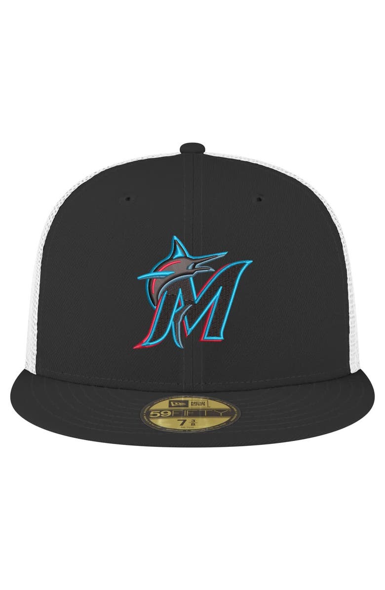 New Era Men's New Era Black Miami Marlins Team Color 59FIFTY Trucker Fitted Hat, Alternate, color, 