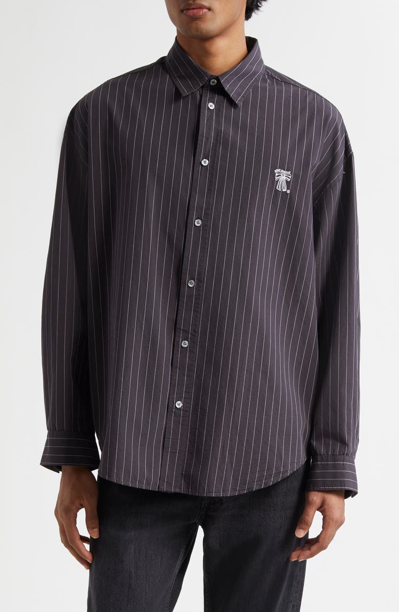 Acne Studios Pinstripe Logo Embroidery Button-Up Shirt, Main, color, Black/ White