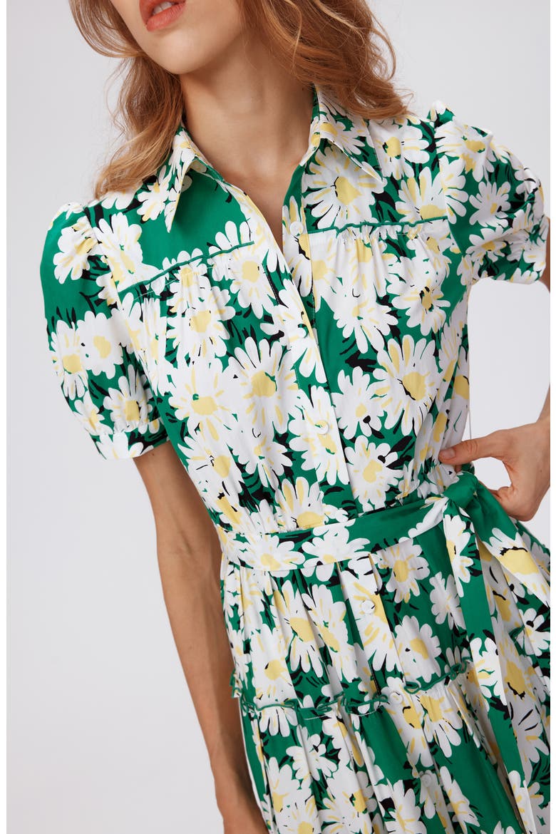 Queena Tie Belt Stretch Cotton Midi Dress, Alternate, color, VINTAGE DAISIES MED GREEN