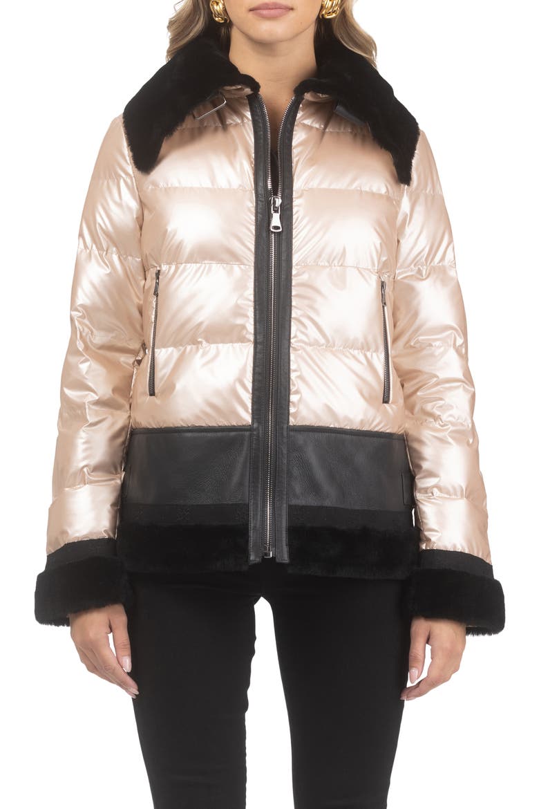 Quilted Jacket with Genuine Shearling Trim, Main, color, ROSE GOLD/BLACK