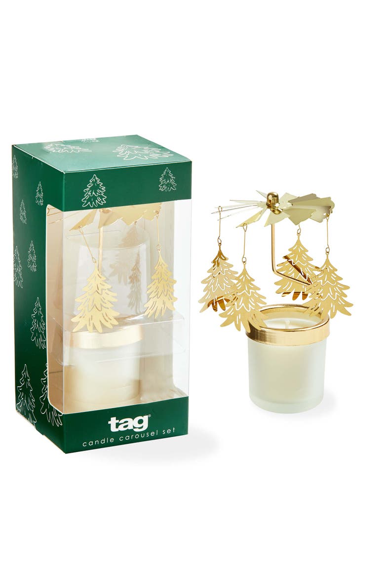 Winter Pine Tree Carousel Candle with Gold Holders Scented, Main, color, Gold