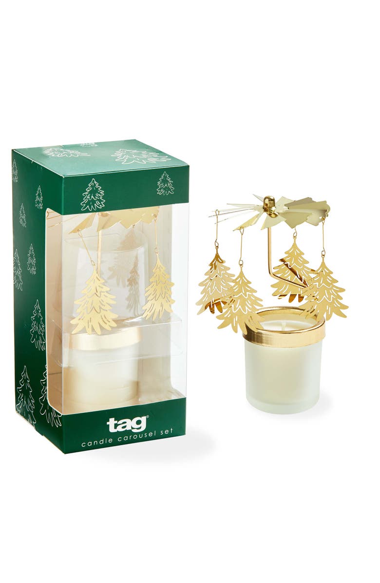 tag Winter Pine Tree Carousel Candle with Gold Holders Scented, Main, color, Gold