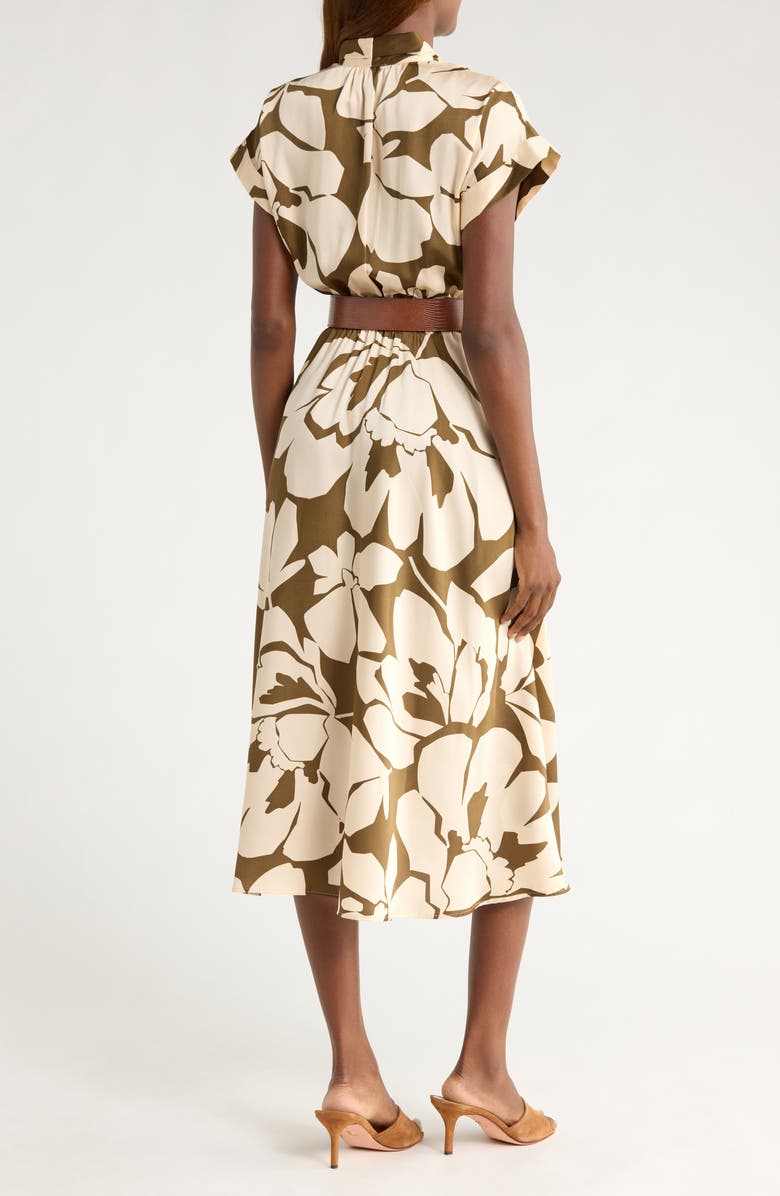 Donna Karan New York Floral Short Sleeve Belted A-Line Midi Dress, Alternate, color, Sap Green/ Camel