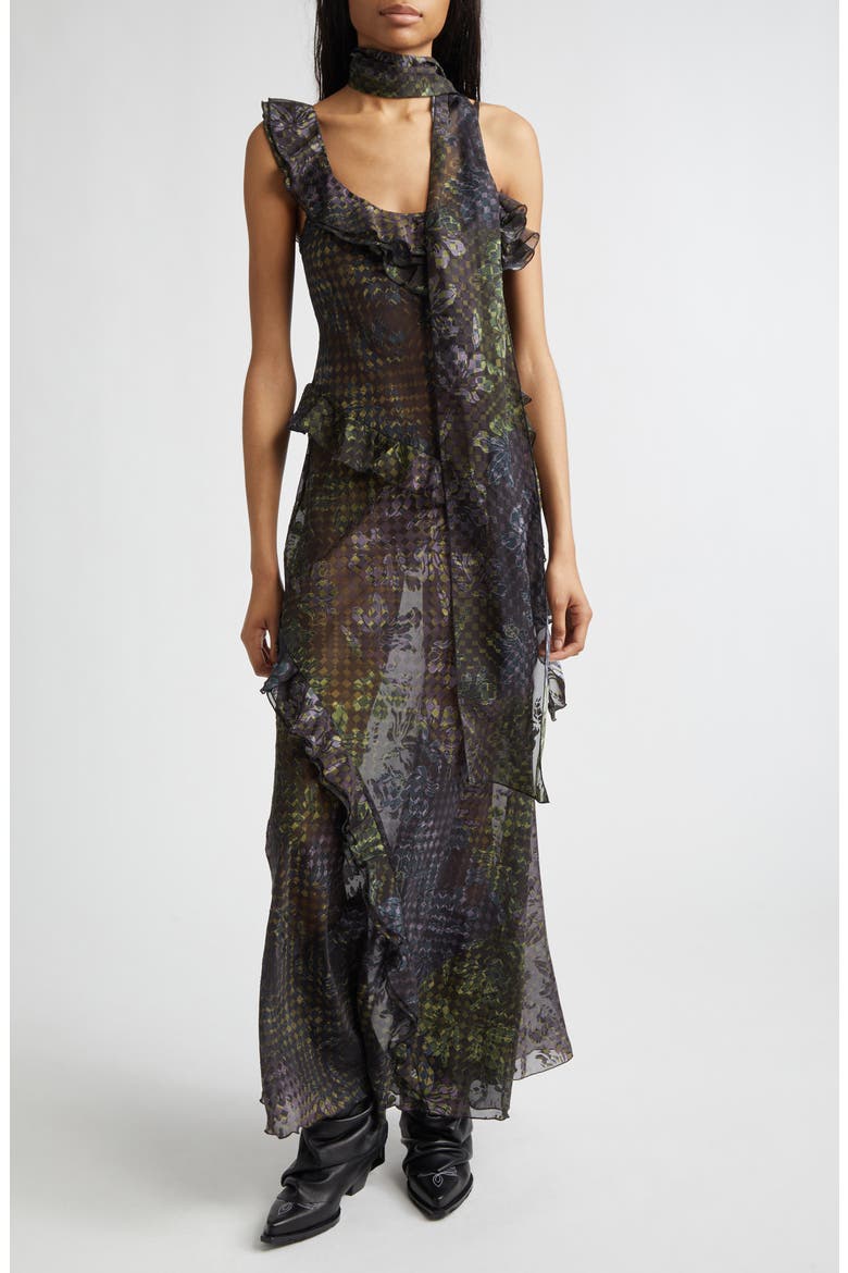 Monica Tiered Ruffle Chiffon Maxi Dress with Detachable Scarf Tie, Main, color, BLACK MULTI