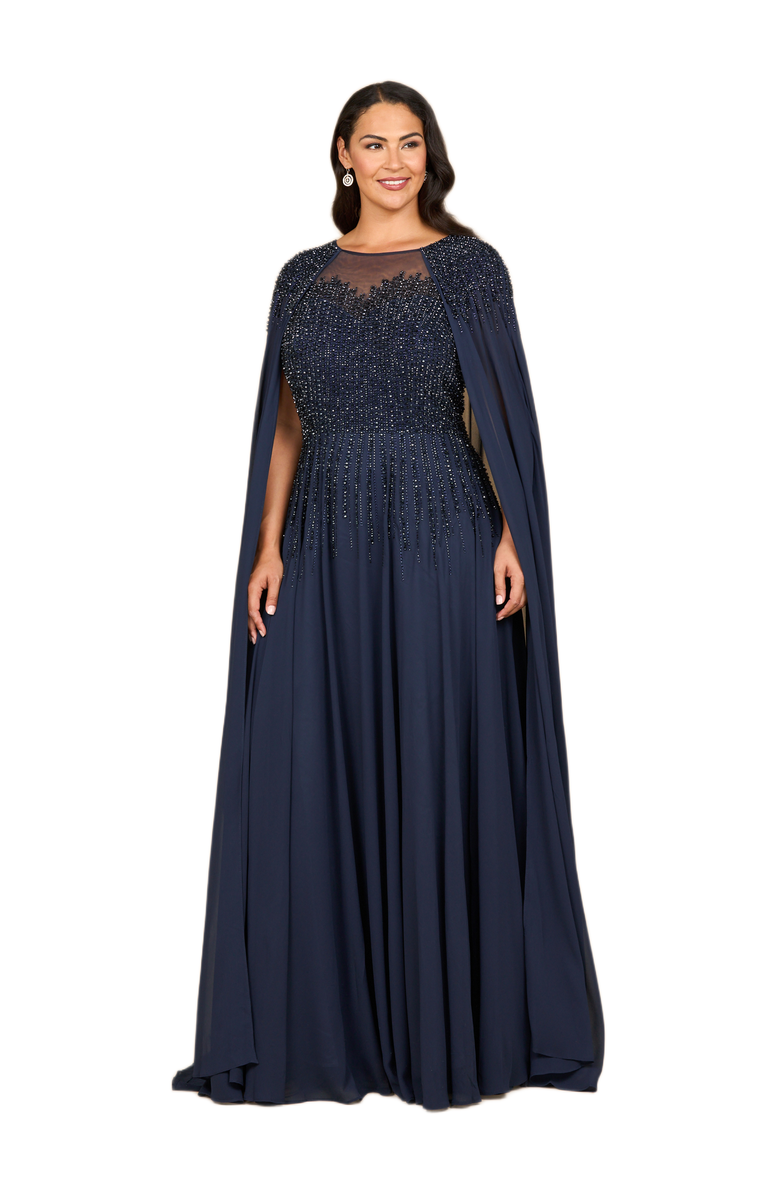 LARA New York Chiffon A-line Long Gown with Long Cape Sleeves, Alternate, color, Navy