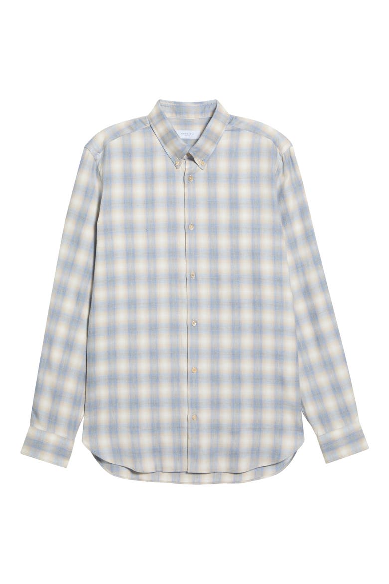 Plaid Flannel Button-Down Shirt, Main, color, BEIGE/LIGHT BLUE