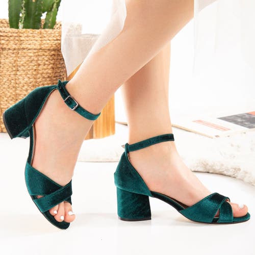 Forever & Always Shoes Women's Aurora - Green Velvet Low Heel Sandals In Emerald Green