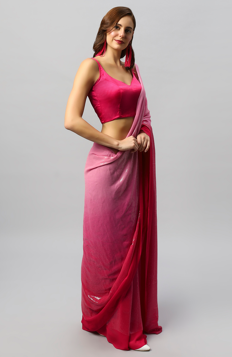 One Minute Saree<sup>®</sup> Ashley Luxe Fuchsia Ombre Georgette Sequins Pre-Draped Ready to Wear Sari, Alternate, color,