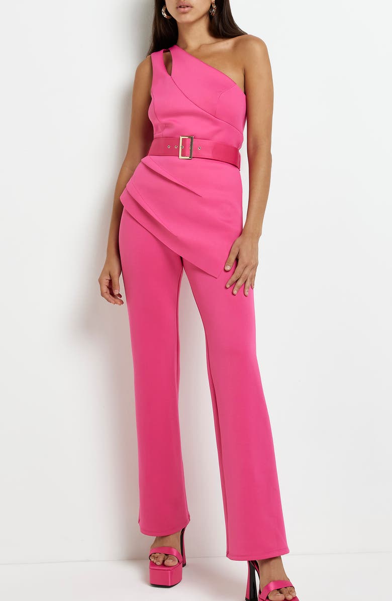 River Island Belted One-Shoulder Sleeveless Jumpsuit, Alternate, color, Pink