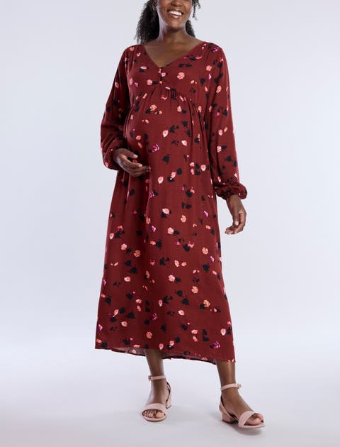 Long Sleeve Button Front Maternity Midi Dress