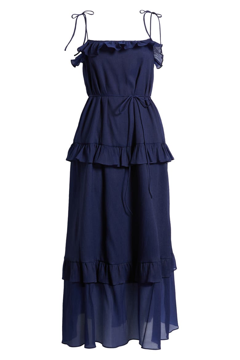 Tie Strap Tiered Midi Dress, Alternate, color, NAVY